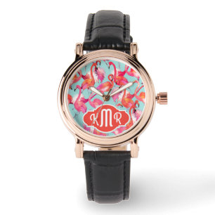 Aquarell-Flamingos erfassten   Monogramm Armbanduhr