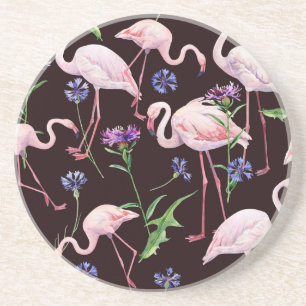 Aquarell-Flamingos und Wildblumen-Muster. Getränkeuntersetzer