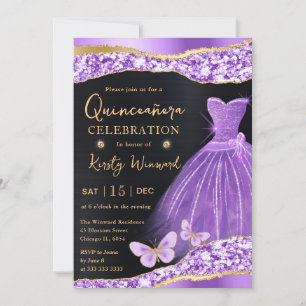 Aquarell Flieder Gold Glitter Kleid Quinceanera Einladung