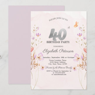 Aquarell Flieder Wildblumen Lila 40. Geburtstag Einladung