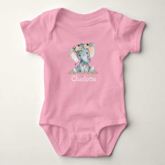 Aquarell Floral Baby Elephant Baby Pink White Baby Strampler (Vorderseite)