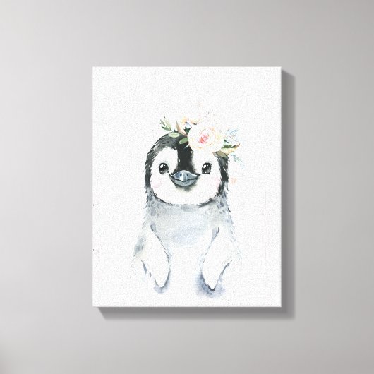 Aquarell Floral Baby Pinguin Snowy Animes Leinwanddruck (Vorderseite)