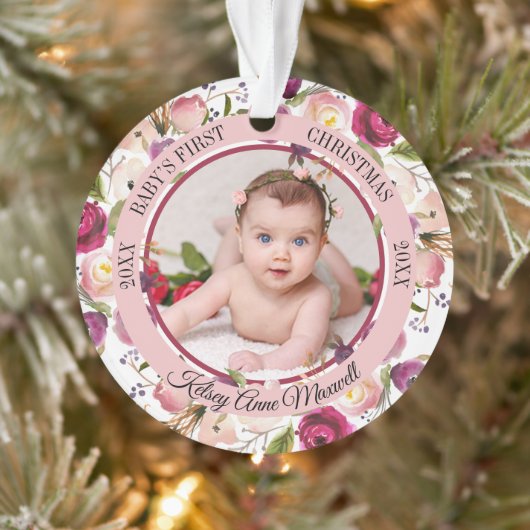 Aquarell Floral Baby's First Christmas Foto Orn Ornament (Baum)