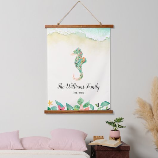 Aquarell Floral Beach Seepferd Personalisiert Wandteppich Mit Holzrahmen (Schlafzimmer)