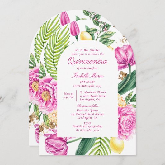 Aquarell Floral Bilingual Spanish Quinceñera Einladung (Vorne/Hinten)
