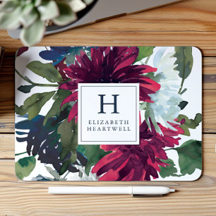 Aquarell Floral Burgund Weinblau Monogramm Mousepad