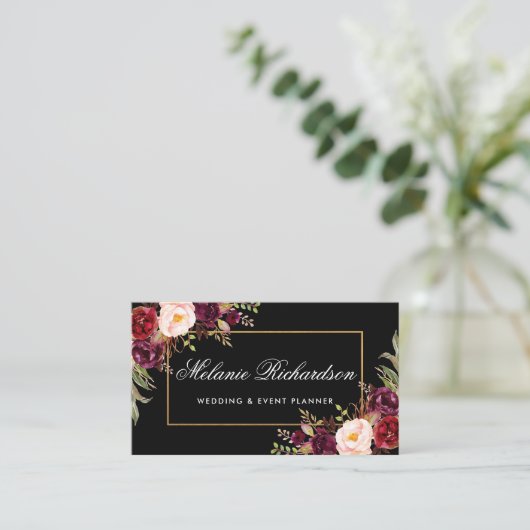 Aquarell Floral Burgundy Black Gold Visitenkarte (Stehend Vorderseite)