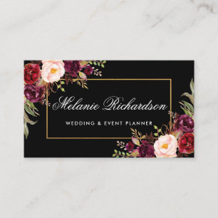 Aquarell Floral Burgundy Black Gold Visitenkarte