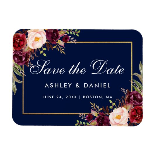 Aquarell Floral Burgundy Blau Save the Date Magnet (Horizontal)