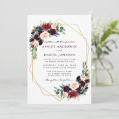 Aquarell Floral Burgundy Wedding Geometric Gold Einladung (Stehend Vorderseite)