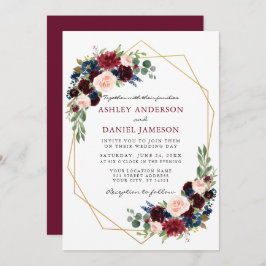 Aquarell Floral Burgundy Wedding Geometric Gold Einladung