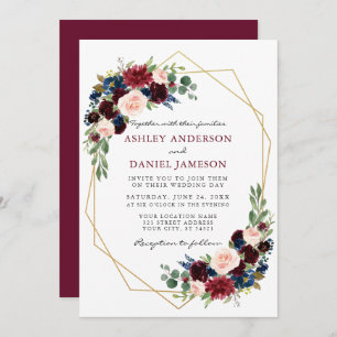 Aquarell Floral Burgundy Wedding Geometric Gold Einladung