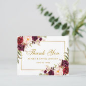 Aquarell Floral Burgundy Wedding Gold Vielen Dank Postkarte (Stehend Vorderseite)