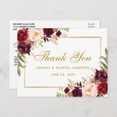 Aquarell Floral Burgundy Wedding Gold Vielen Dank Postkarte (Vorne/Hinten)