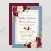 Aquarell Floral Dusty Blue Wedding Burgundy Einladung (Vorne/Hinten)