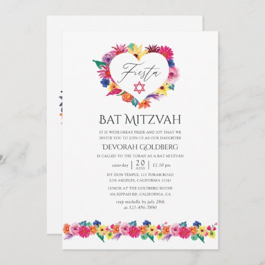 Aquarell Floral Fiesta Bat Mitzvah Einladung (Vorne/Hinten)