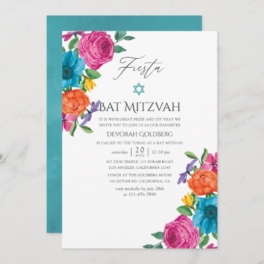 Aquarell Floral Fiesta Bat Mitzvah Einladung (Vorne/Hinten)