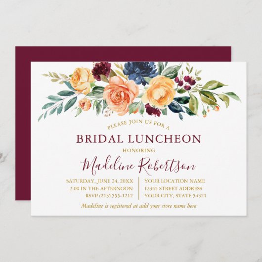 Aquarell Floral Gold Bridal Luncheon Burgund Einladung (Vorne/Hinten)