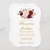 Aquarell Floral Gold Burgundy Wedding BR Einladung (Vorne/Hinten)