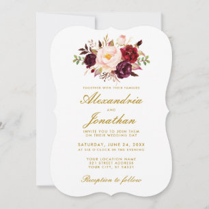 Aquarell Floral Gold Burgundy Wedding BR Einladung