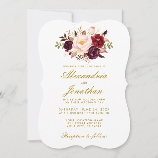 Aquarell Floral Gold Burgundy Wedding BR Einladung (Vorderseite)