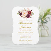Aquarell Floral Gold Burgundy Wedding BR Einladung (Stehend Vorderseite)