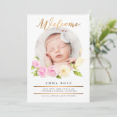 Aquarell Floral Gold Foto Geburtsankündigung Einladung (Stehend Vorderseite)