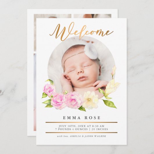 Aquarell Floral Gold Foto Geburtsankündigung Einladung (Vorne/Hinten)