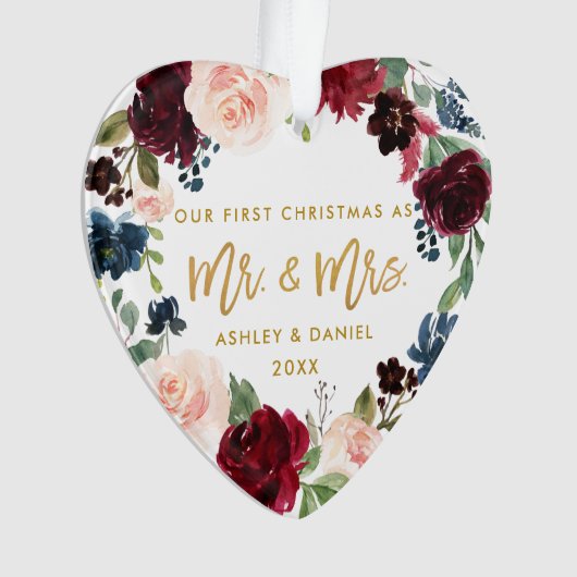 Aquarell Floral Gold Script Erstes Weihnachtsfest Ornament (Vorderseite)