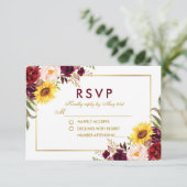 Aquarell Floral Gold Wedding Burgundy RSVP Karte (Stehend Vorderseite)