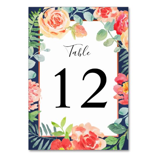 Aquarell Floral Koralle Marinegrün Blätter Hochzei Tischnummer (Vorderseite)