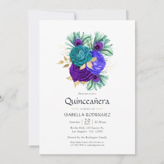 Aquarell Floral Mardi Gras Quinceañera Einladung (Vorderseite)