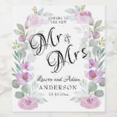 Aquarell Floral Pink Mr & Mrs. Script Weinetikett (Einzelnes Label)