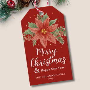 Aquarell Floral Poinsettia Frohe Weihnachten Rot Geschenkanhänger