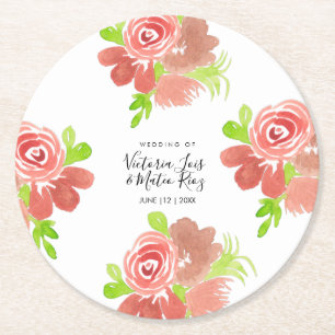 Aquarell Floral Rosa Beige Rosafarbenes Blatt Hoch Runder Pappuntersetzer