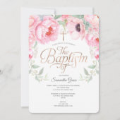 Aquarell Floral, Rosa, Elegant Girl Taufe Einladung (Vorderseite)