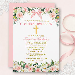 Aquarell Floral Rosa Schleife Gold Erstkommunion Einladung