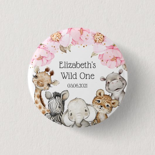Aquarell Floral Safari Tiere Peony Birthday Bu Button (Vorderseite)