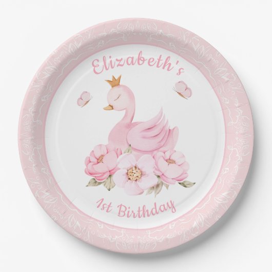 Aquarell Floral Swan Princess Birthday Pappteller (Vorderseite)