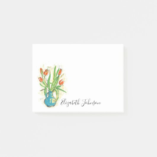 Aquarell Floral Vase Tulips Script Monogram 4x3 Post-it Klebezettel (Vorderseite)