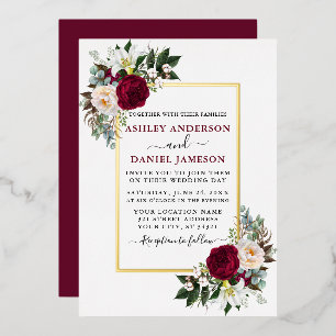 Aquarell Florale Grünpflanzen Hochzeit Burgunderro Folieneinladung