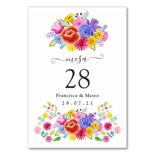 Aquarell Florale Spanische Fiesta-Hochzeit Tischnummer (Vorderseite)