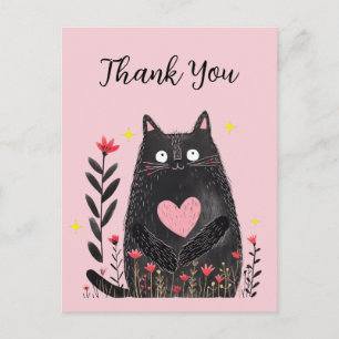 Aquarell Florales Schwarzes Katze mit Herz Danke Postkarte