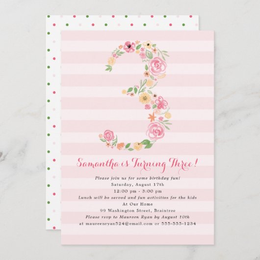 Aquarell Florals 3. Geburtstag Einladung (Vorne/Hinten)