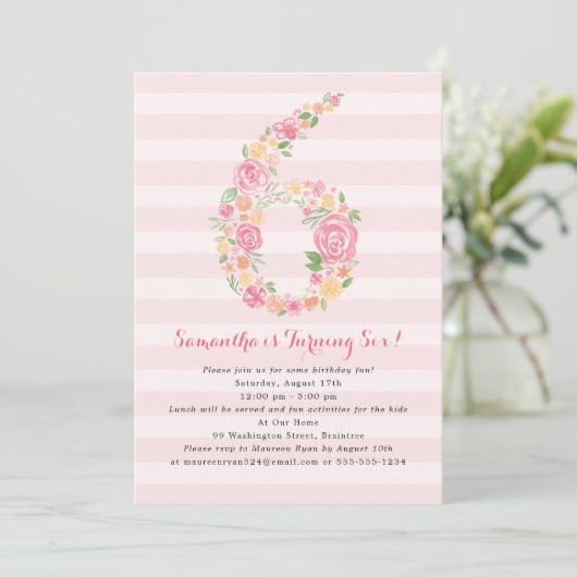 Aquarell Florals 6. Geburtstag Einladung (Stehend Vorderseite)