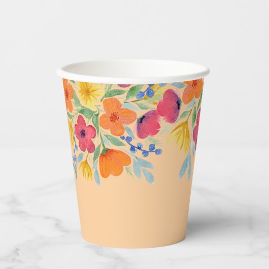 Aquarell Florals auf Peach Pappbecher (Vorderseite)