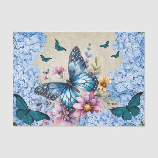 Aquarell Florals Blue Hydrangea & Butterfisch Seidenpapier (Vorderseite)
