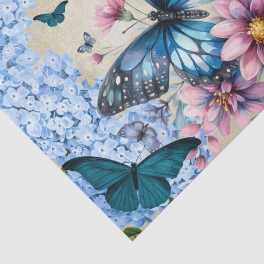 Aquarell Florals Blue Hydrangea & Butterfisch Seidenpapier (Ausschnitt)