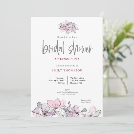 Aquarell Florals Pink Script Brautparty Tee Einladung (Stehend Vorderseite)