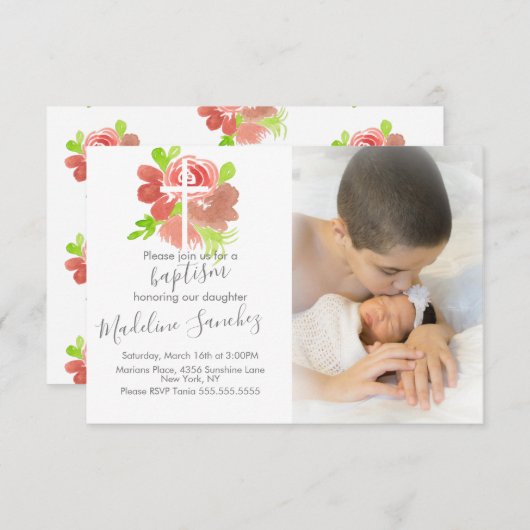 Aquarell Florals Rosa Blush Taufe Dedication Einladung (Vorne/Hinten)